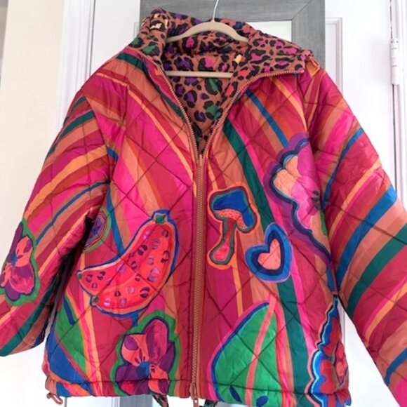 FARM Rio Reversible Hooded Puffer Coat Animal Print Dopamine Tropical - Picture 5 of 16